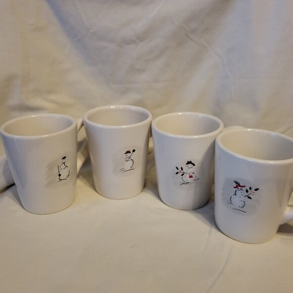Set of 4 Williams-Sonoma White Snowman Seasonal 8 oz Tea Coffee Hot Cocoa Mugs - Picture 1 of 7